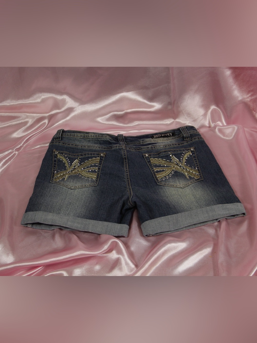 Red Rivet Rhinestone Jean Shorts